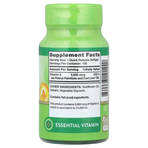 Nature's Truth, Витамин A, высокая эффективность, 3000 мкг (10 000 МЕ), 100 капсул быстрого высвобождения