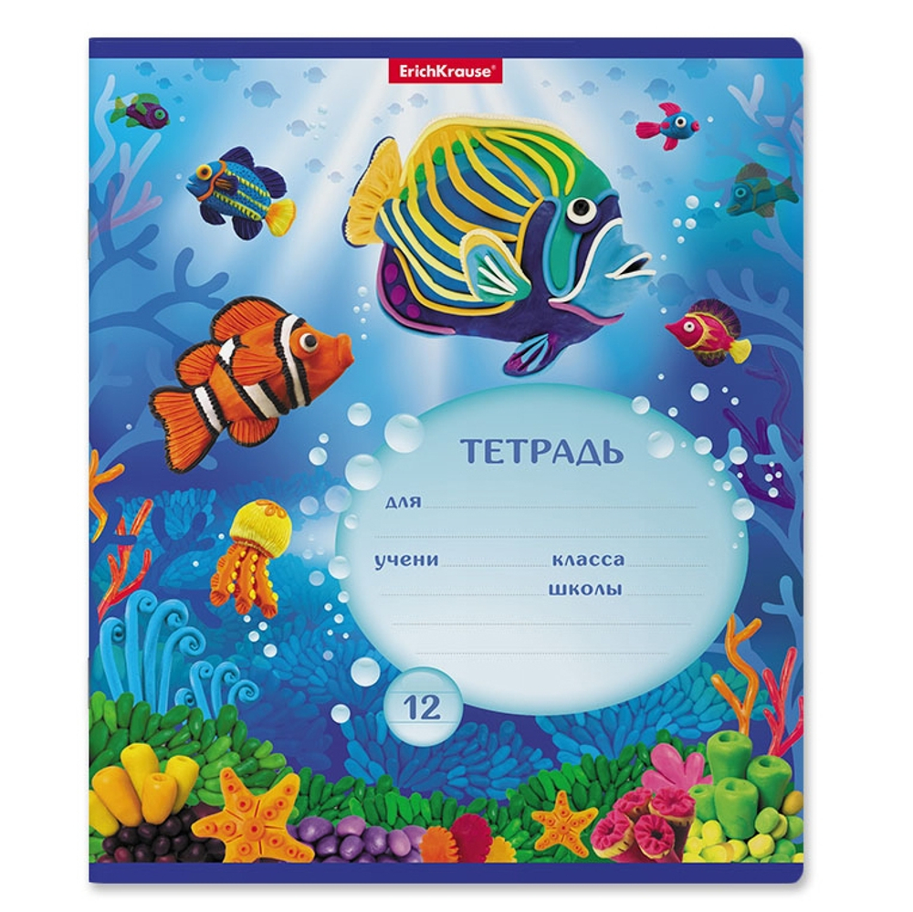 Тетрадь 12л., крупная клетка, Erich Krause, скрепка, офсет, мелован. картон "Мир из пластилина"