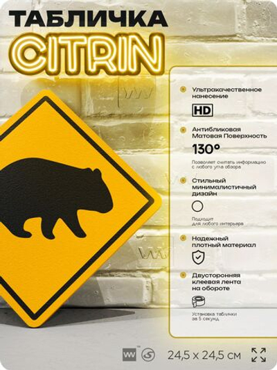 Табличка прикольная "Осторожно, вомбат" на дверь и стену, информационная и предупреждающая, декоративный знак, 24,5х24,5 см, пластиковая, Айдентика Технолоджи