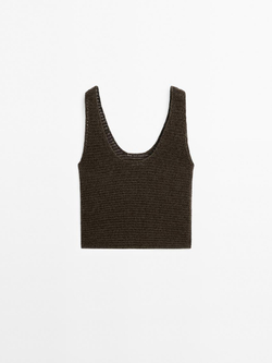 Massimo Dutti Трикотажный топ из смесового хлопка с круглым вырезом, зеленоватый