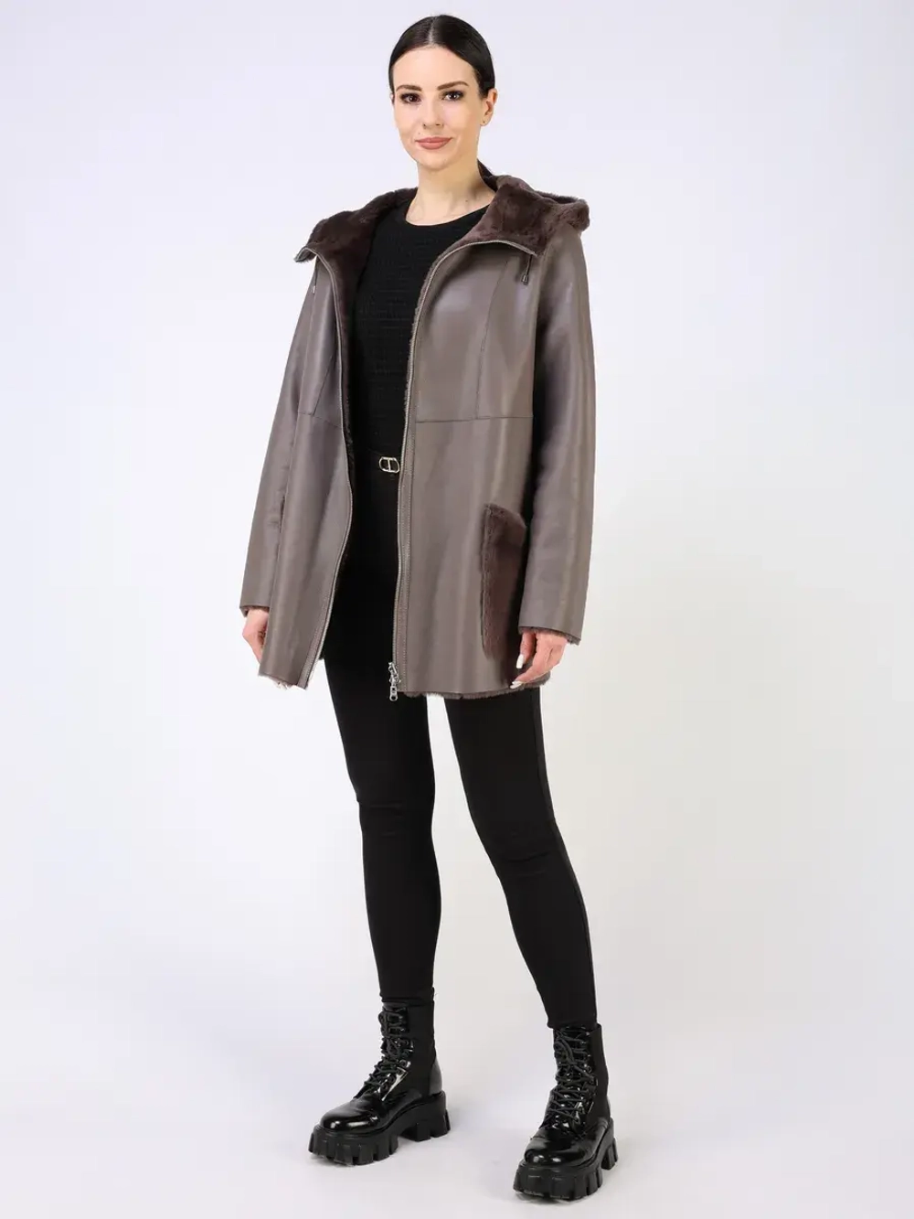 Дубленка зимняя двухсторонняя шуба с капюшоном