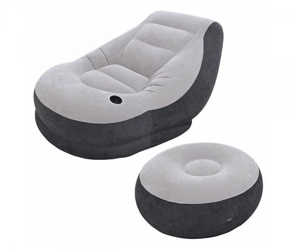 Кресло надувное Intex 68564 Ultra Lounge 137х102х79 см с пуфиком / Шезлонг надувной Интекс велюровый с подстаканником для дома и дачи