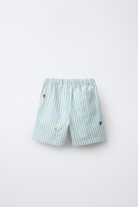 ZARA ШОРТЫ С ВЫШИВКОЙ В ПОЛОСКУ, СИНИЙ/БЕЛЫЙ