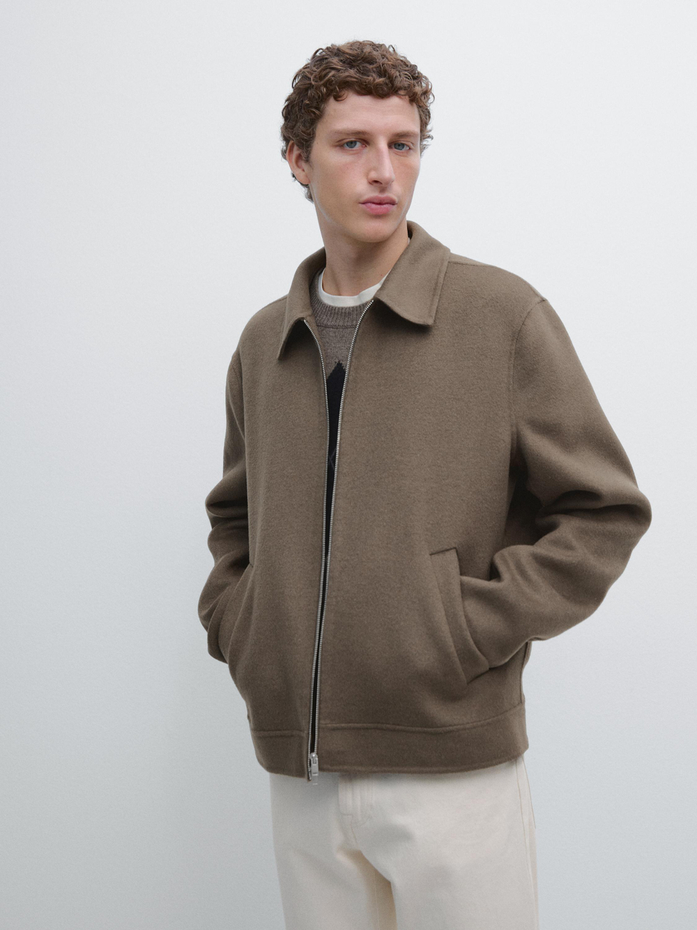 Massimo Dutti Куртка из смесовой шерсти с карманами, зеленоватый