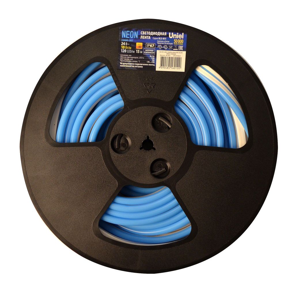 ULS-N11-2835-120LED-m-8mm-IP67-DC24V-10W-m-15M-BLUE Светодиодная гибкая герметичная лента. NEON. Катушка 15м. в герметичной упаковке. Синий свет. ТМ Uniel