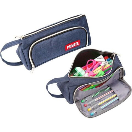 Пенал-косметичка (210*85*85) молния,ткань "Private",с ручкой,карман,темно-синий,на 70пр.