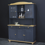 Шкаф-витрина Лена трехдверный из массива сосны, 132х39х192 см / буфет для кухни, серый/антик