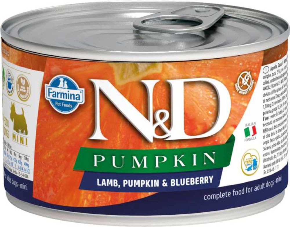 + Консервы FARMINA N&amp;D Pumpkin для собак мелких пород, ягненок с тыквой и черникой - 140 гр