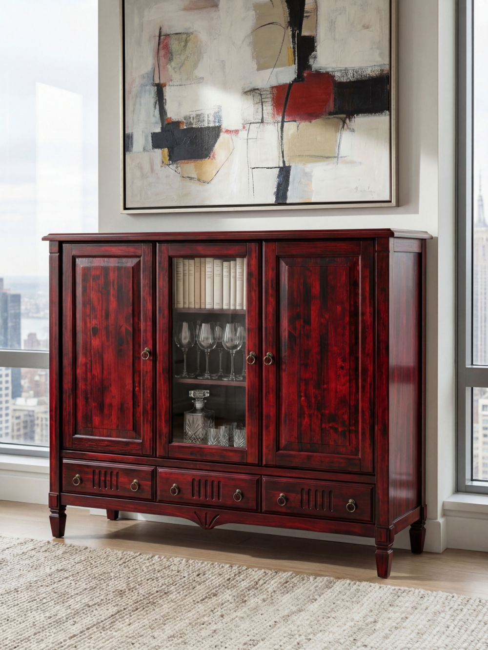 Тумба 180х50х145, Джоли, 3 двери 3 ящика для одежды, для спальни, гостиной, детской, прихожей, массив березы, красный, MAKOSA