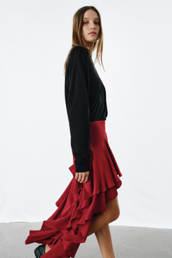 ZARA ЮБКА МИДИ С ВОЛАНАМИ — ZW COLLECTION, КРАСНЫЙ