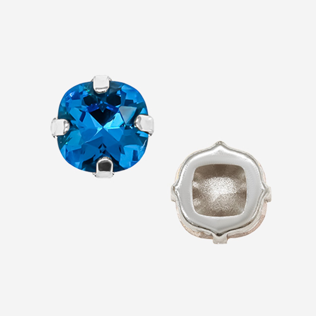 Кристалл Кушон (Сushion) в цапах, оттенок "Синий Капри"/"Capri Blue", 9,2мм, родирование