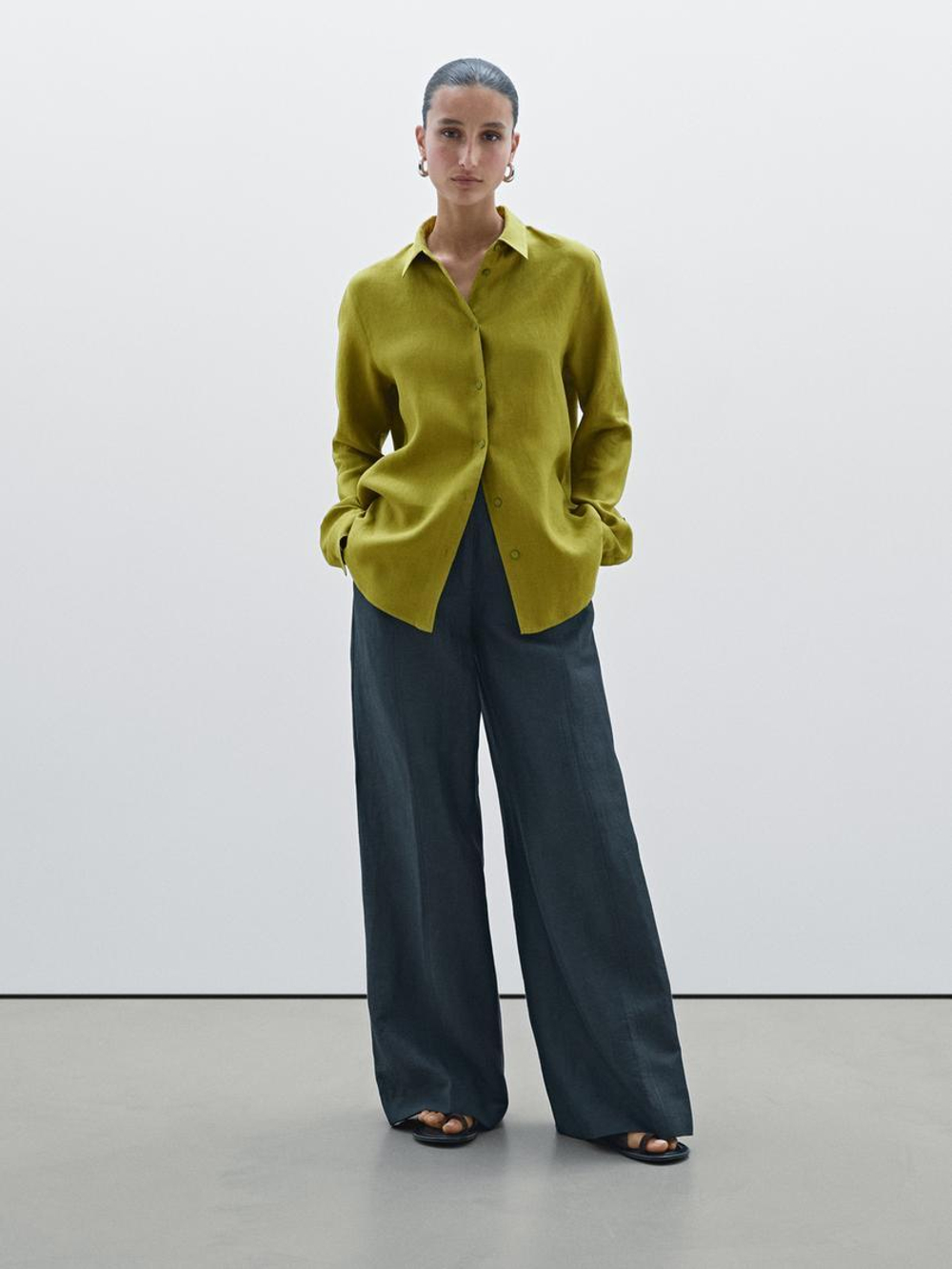 Massimo Dutti Рубашка из струящегося 100% льна, зеленый