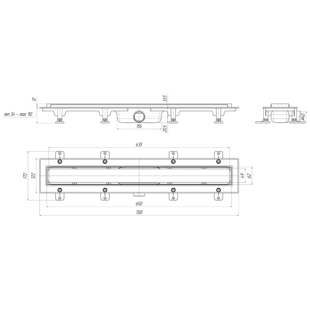 Трап линейный пласт. СУХОЙ 650*62 вып.40мм, стальн. нерж решетка, матова "Штиль"  АНИ пласт TLQ1165M