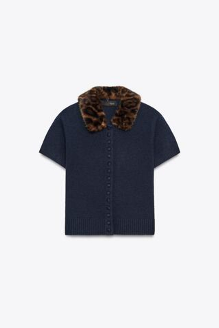 ZARA ТРИКОТАЖНЫЙ КАРДИГАН С ВОРОТНИКОМ И АНИМАЛИСТИЧЕСКИМ ПРИНТОМ, МОРСКОЙ СИНИЙ