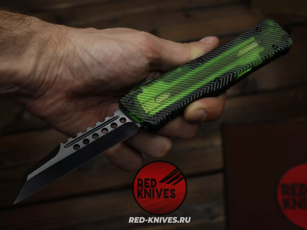 Нож Microtech Troodon W/E - рукоять зеленый Ultem, черный клинок RK-470