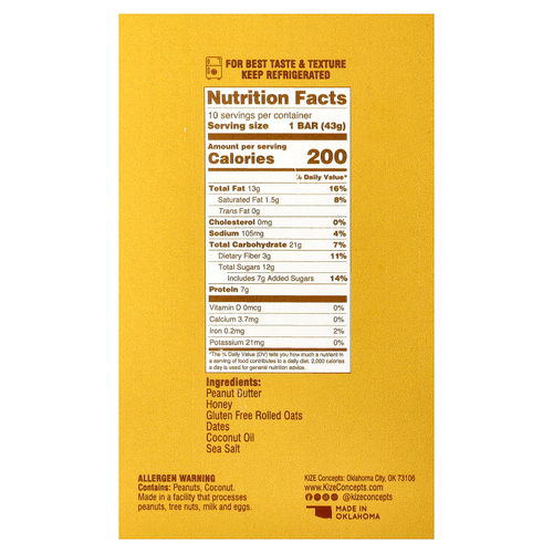 KiZE Life Changing Bar, арахисовая паста и мед, 10 батончиков, 43 г (1,5 унции) каждый
