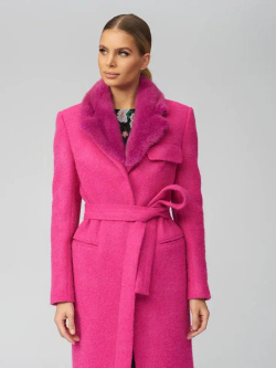 Женское пальто фуксия шерстяное с поясом и прорезными карманами