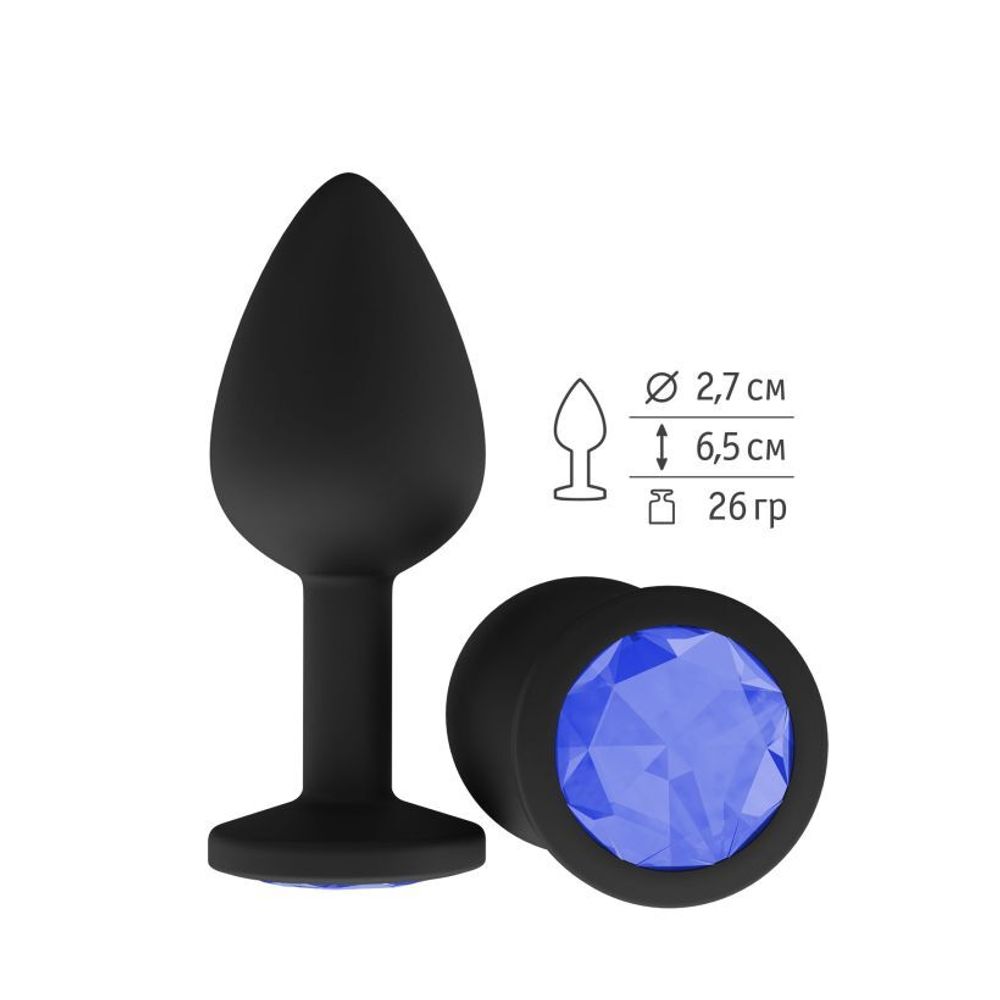 518-07 BL DD / Анальная втулка силиконовая чёрная с синим кристаллом маленькая