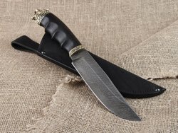 Нож "Тигр большой", дамасская сталь, рукоять черный граб мореный, литье голова зверя