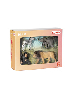 Фигурка KONIK набор диких животных: лев, шимпанзе, слоненок, зебра