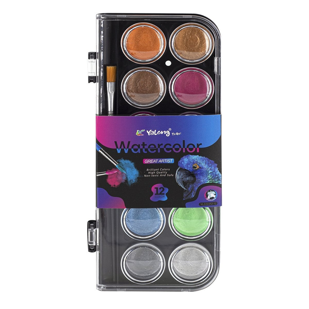 Акварель Yalong меловая 12 цветов, перламутровая, с кистью, пластик. упаковка, "Rio"