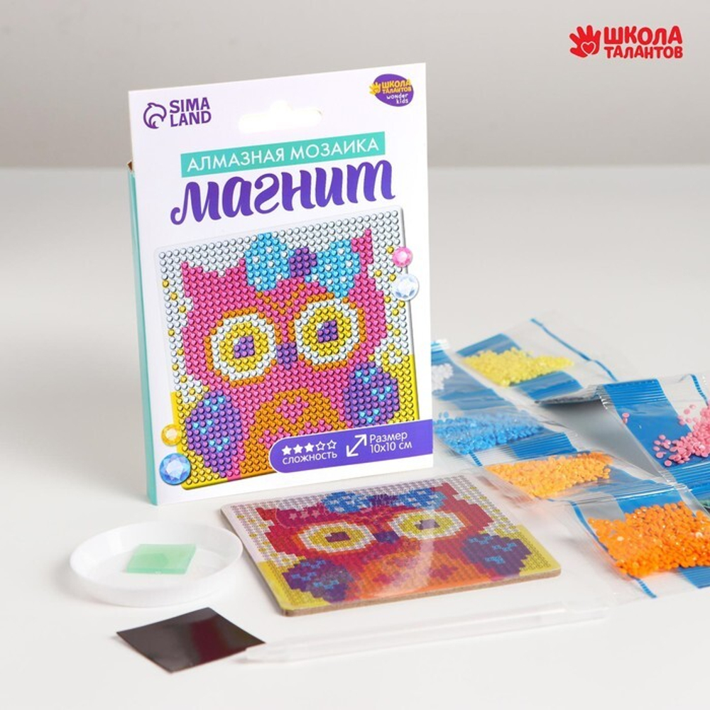 Алмазная мозаика-магнит "Совушка", 10*10, картонная основа, Школа талантов