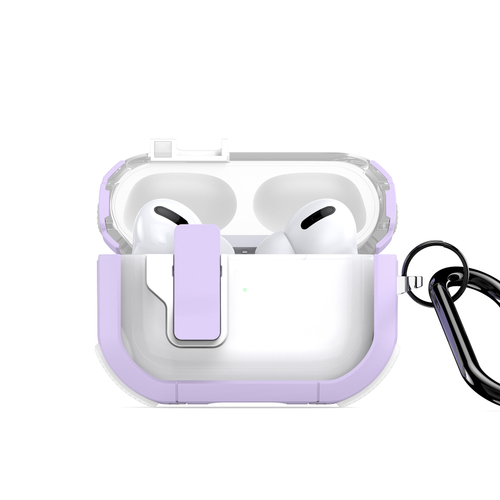 Чехол от Dux Ducis с замком для AirPods Pro 2, прозрачный с фиолетовыми вставками (PurpleWhite), серия PECN Series Case, в комплекте с карабином