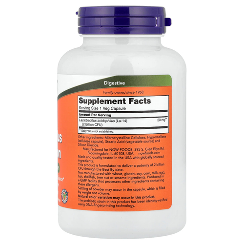NOW Foods, ацидофильные бактерии, два миллиарда, 250 растительных капсул (20 мг в 1 капсуле)