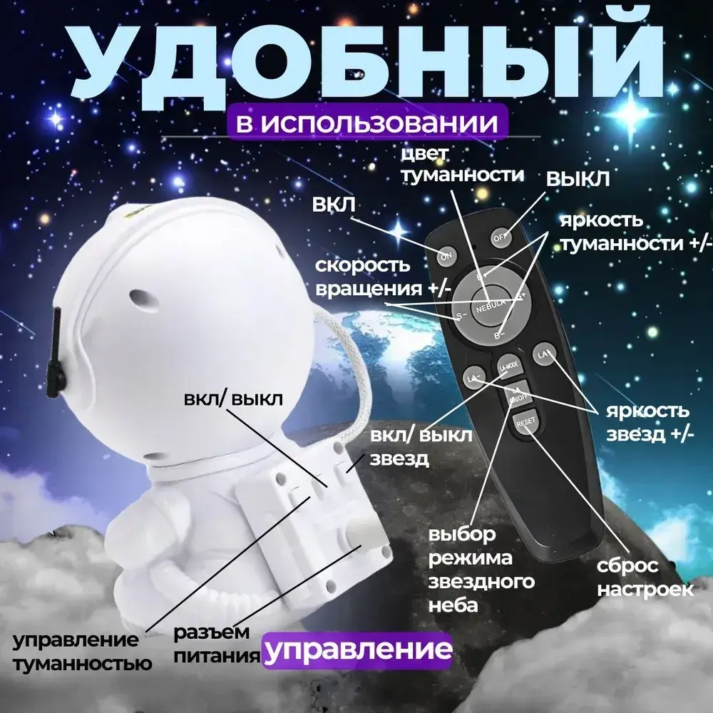 Проектор звездного неба ночник космонавт робот