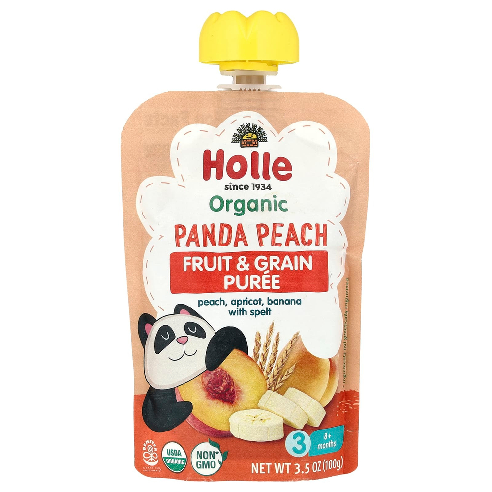 Holle, Органическое фруктовое и зерновое пюре, панда, персик, от 8 месяцев, персик, абрикос, банан с полбой, 100 г (3,5 унции)