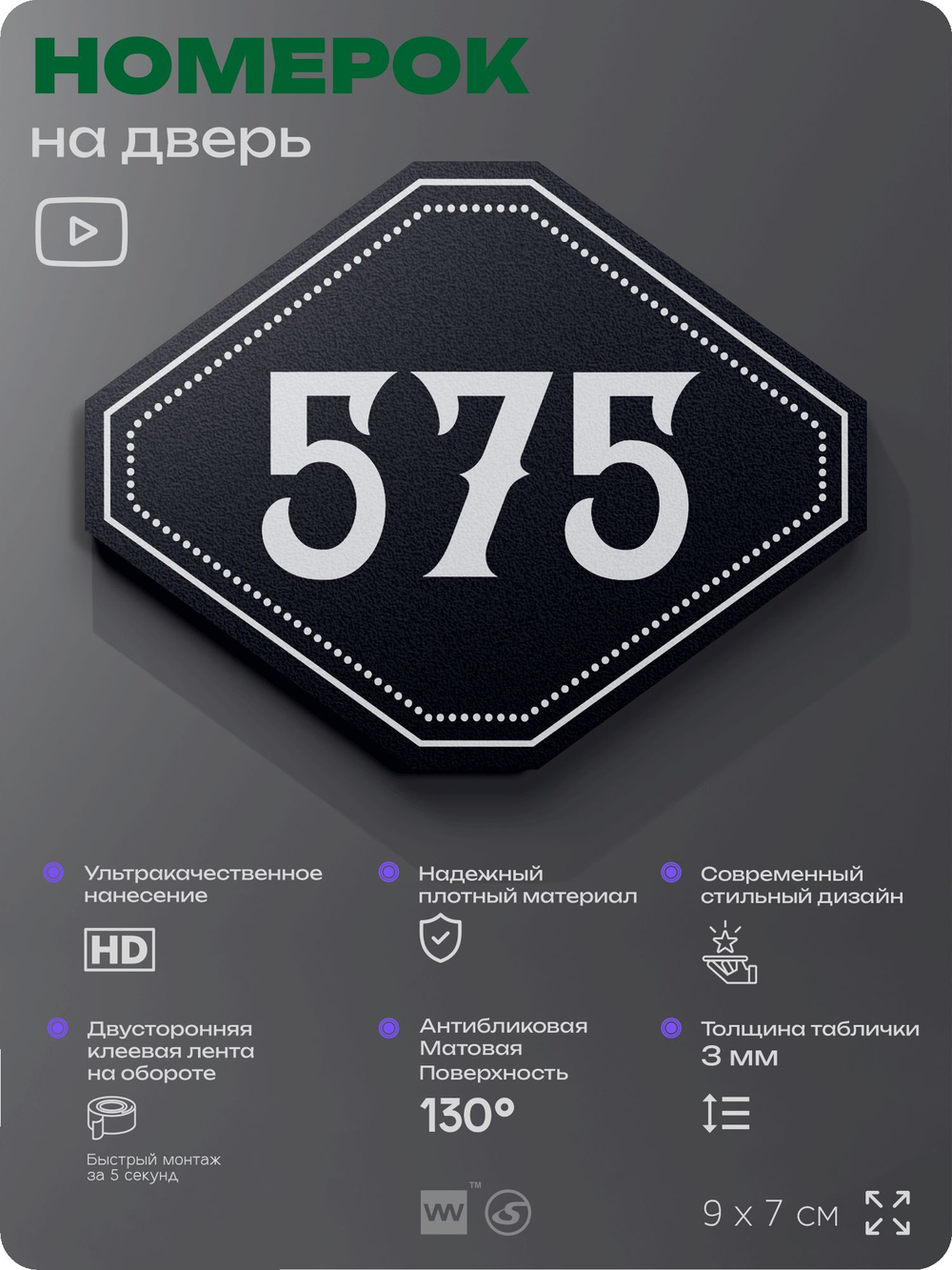 Номерок на дверь квартиры 575, для кабинета, офиса, шильдик 9 х 7 см, черный, Айдентика Технолоджи