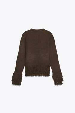 ZARA ВЯЗАНЫЙ КАРДИГАН С БАХРОМОЙ И ПУГОВИЦЕЙ, КОРИЧНЕВЫЙ