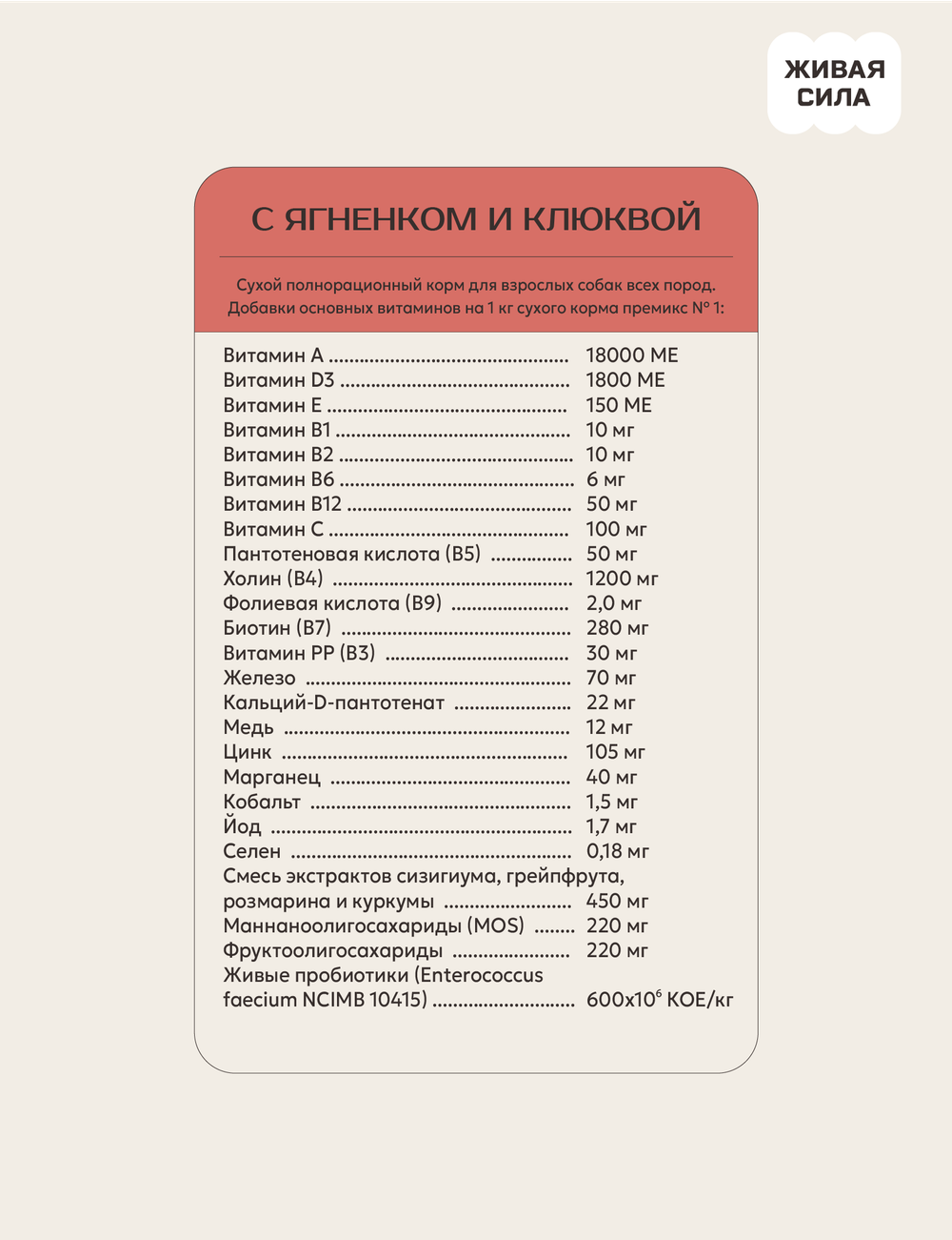 Корм для собак ЖИВАЯ СИЛА ягненок мелкая гранула