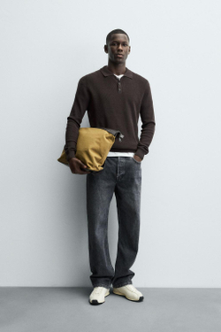 ZARA ПОЛО ИЗ ЖЕМЧУЖНОГО ТРИКОТАЖА, ШОКОЛАДНЫЙ