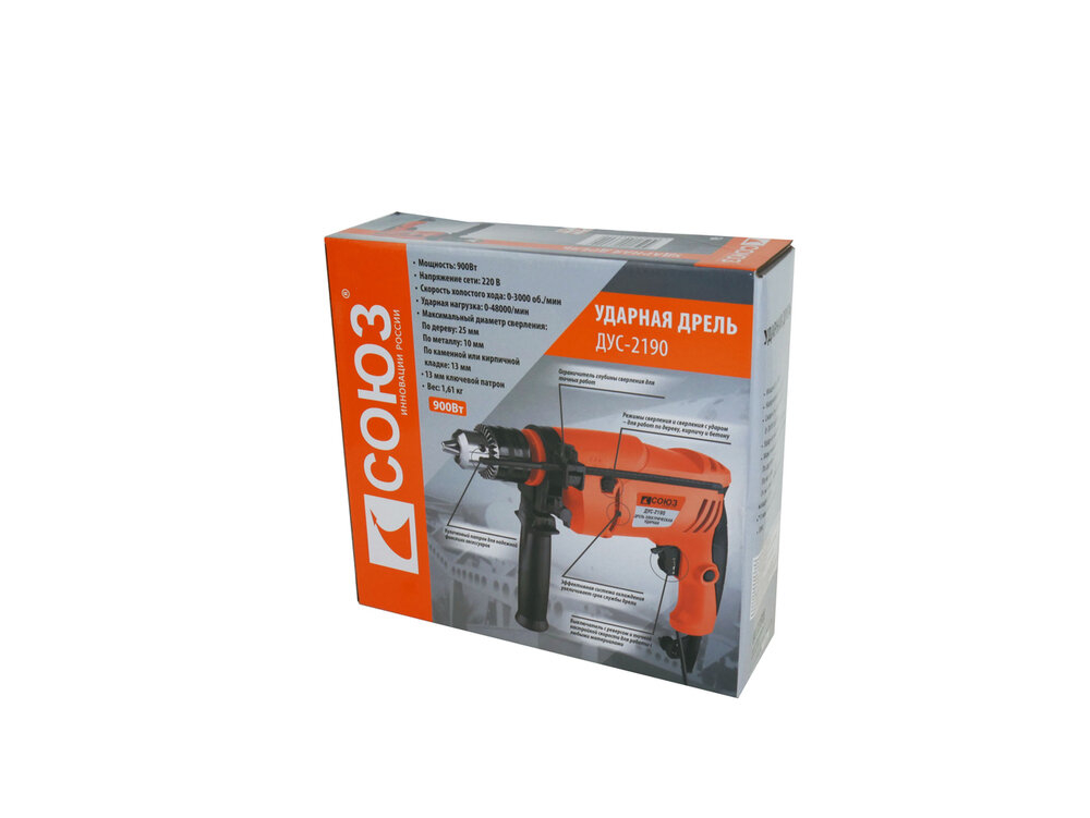 Ударная дрель СОЮЗ ДУС-2190, 900 Вт, без аккумулятора синий