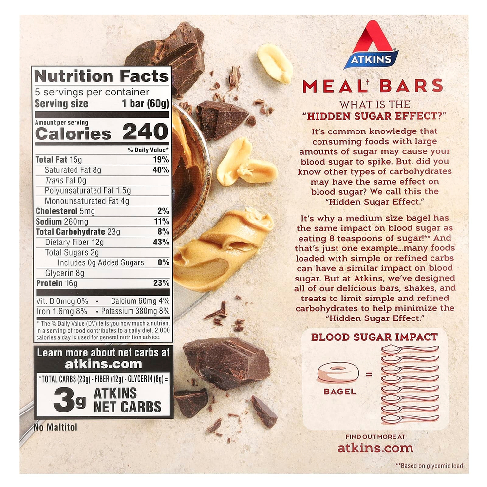 Atkins, Protein Meal Bar, шоколадно-арахисовая паста, 5 батончиков, 60 г (2,12 унции)