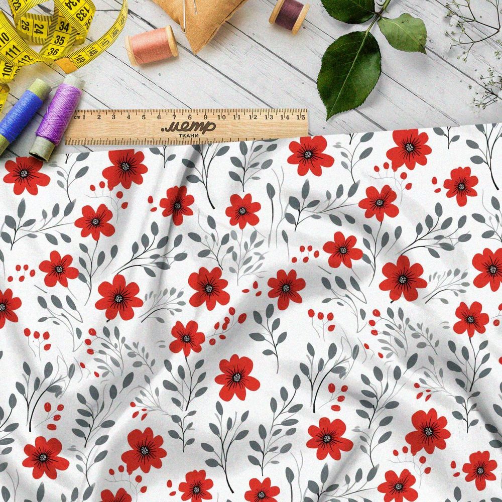 Ткань премиум мембрана яркие красные луговые цветочки