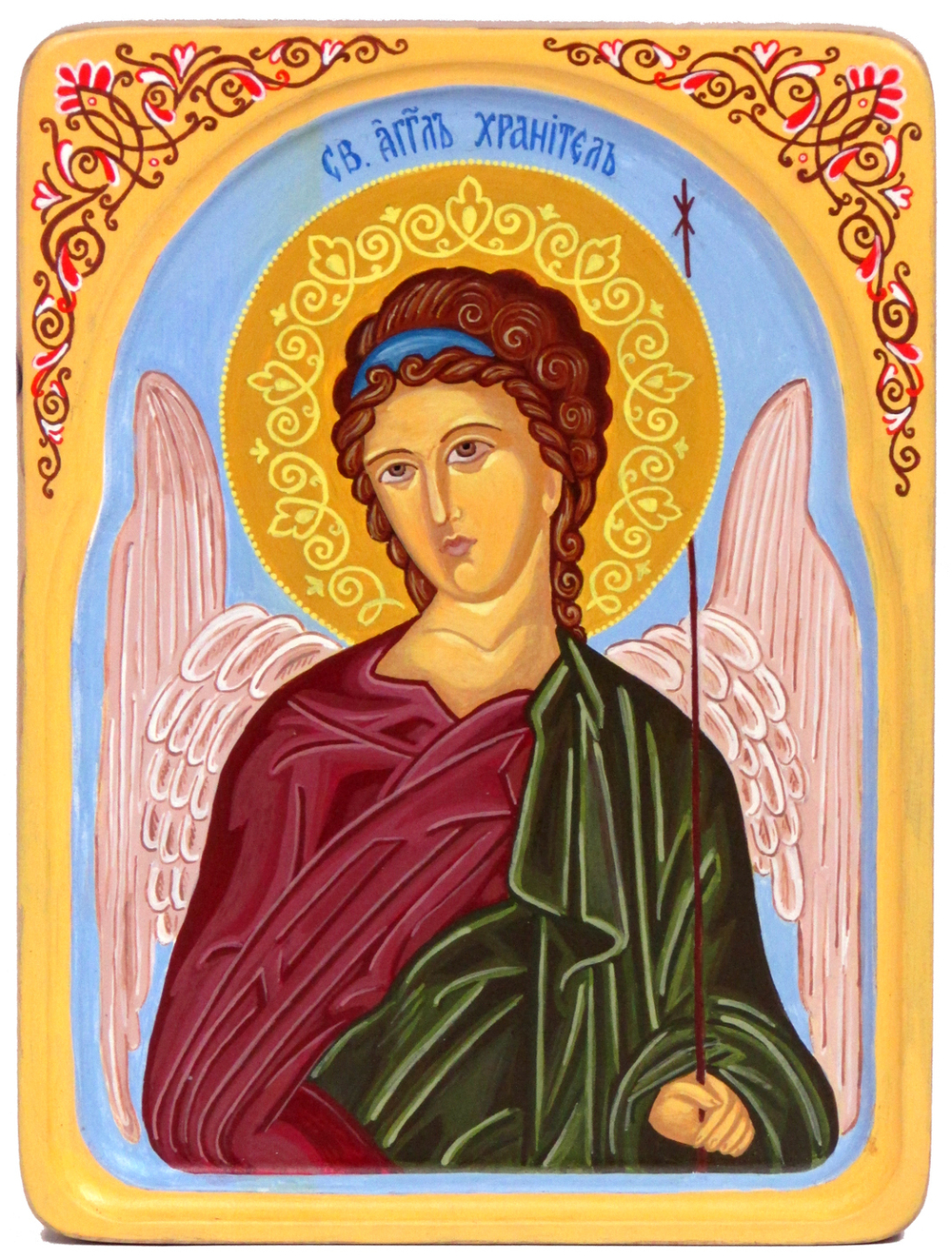 Рукописная икона Ангел Хранитель на кипарисе 20х15см в резном киоте 20х15см в резном киоте