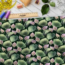 Ткань габардин мягкие розовые кувшинки на тёмно-зелёном фоне