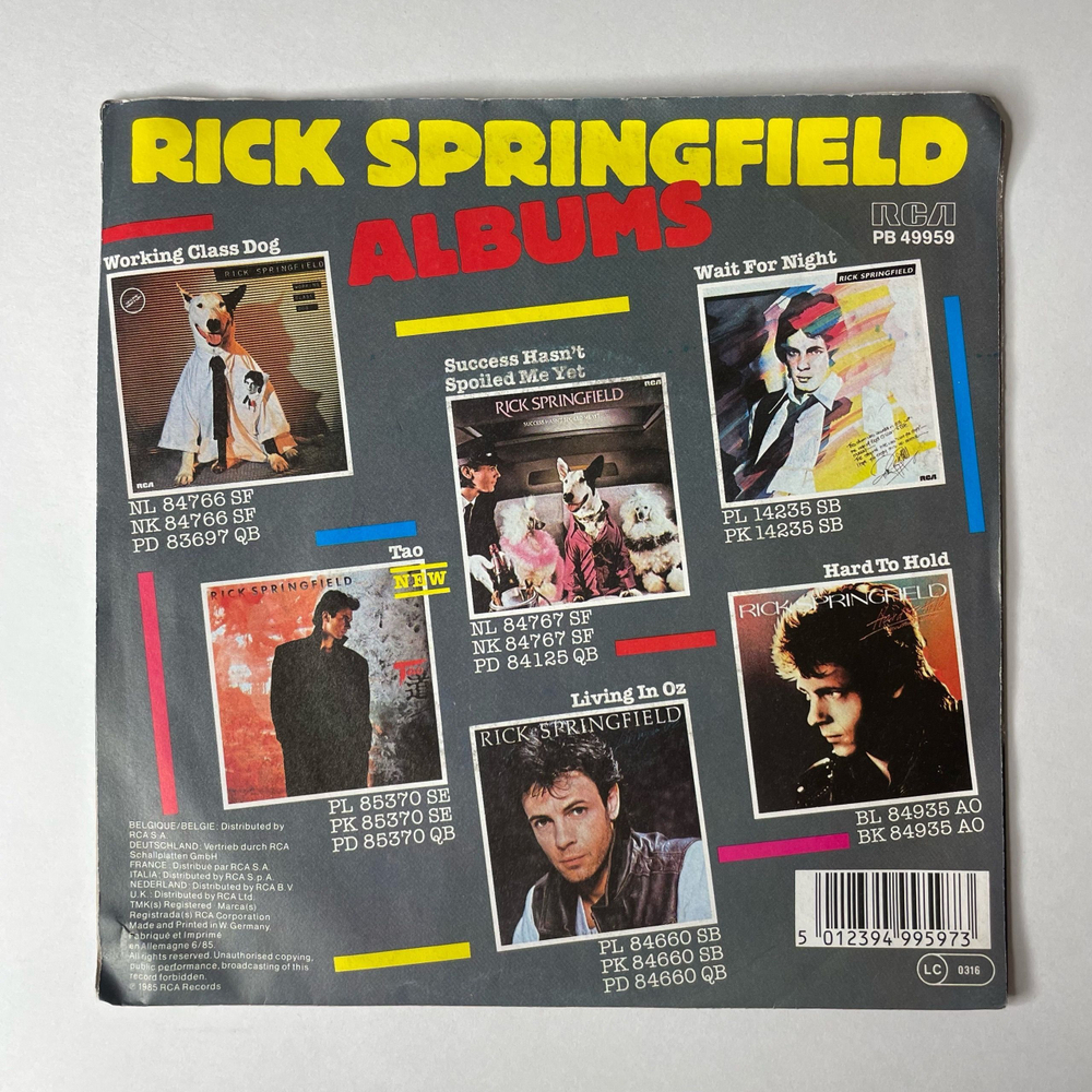 Винтажная виниловая пластинка 7 дюймов (маленькая пластинка) Rick Springfield State Of The Heart (Германия 1985)
