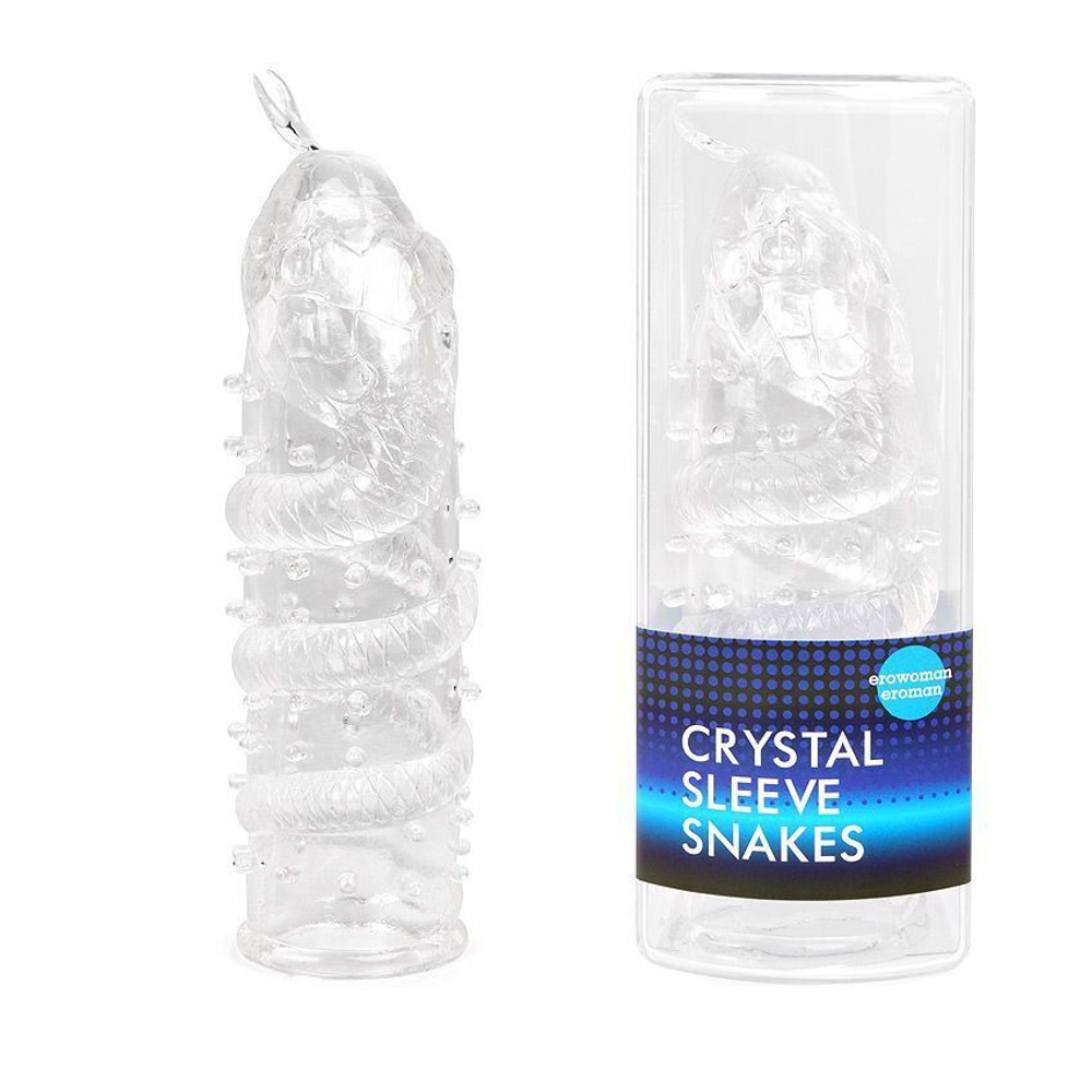 Закрытая рельефная насадка Crystal sleeve snakes в виде змеи с усиками - 14 см. (Цвет: прозрачный)