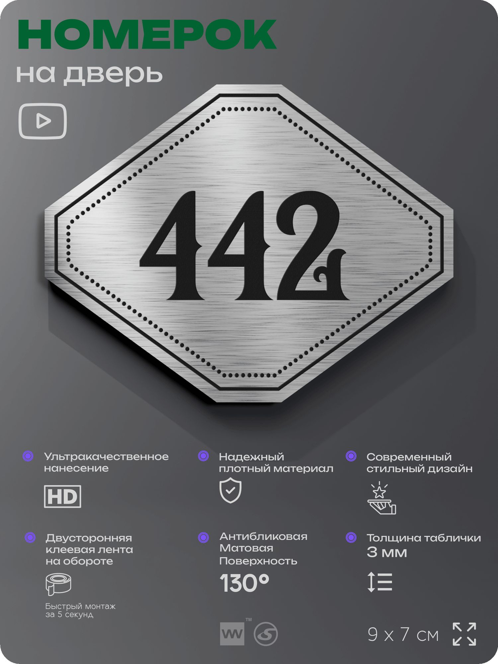 Номерок на дверь квартиры 442, для кабинета, офиса, шильдик 9 х 7 см, брашированная сталь, Айдентика Технолоджи