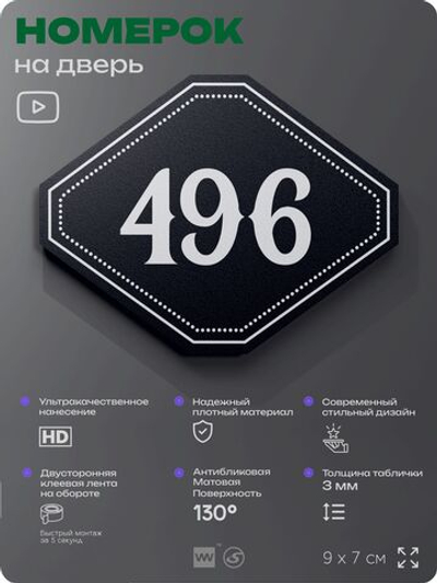 Номерок на дверь квартиры 496, для кабинета, офиса, шильдик 9 х 7 см, черный, Айдентика Технолоджи