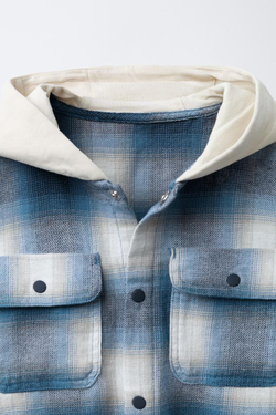 ZARA КУРТКА-РУБАШКА В КЛЕТКУ С КАПЮШОНОМ ИЗ МЯГКОЙ ТКАНИ, СИНИЙ