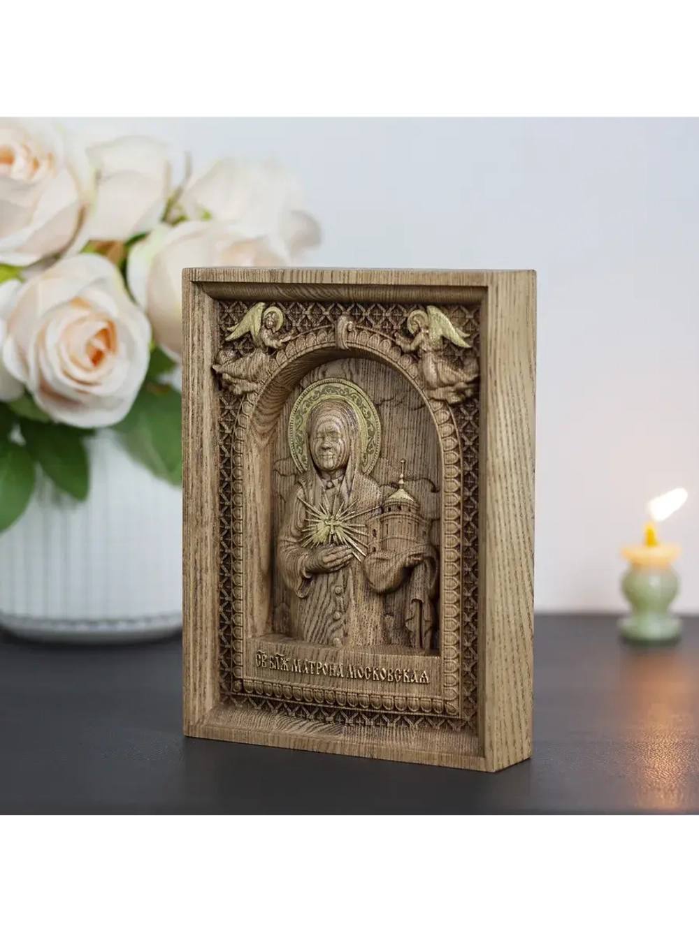 Матрона Московская деревянная резная икона, ясень