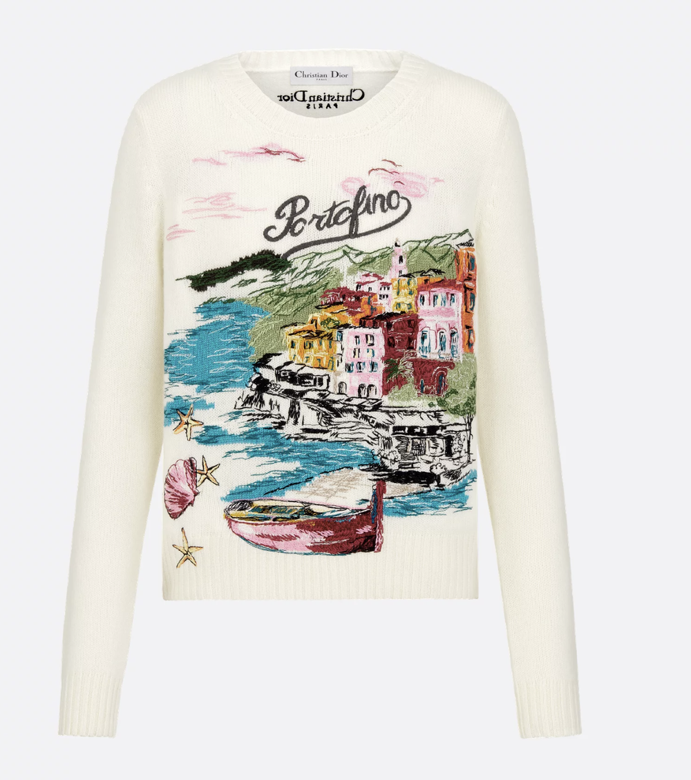 Женский свитер Dior Souvenir Embroidered Sweater из белого кашемира 100% с многоцветной вышивкой «Portofino» — весна‑лето 2025