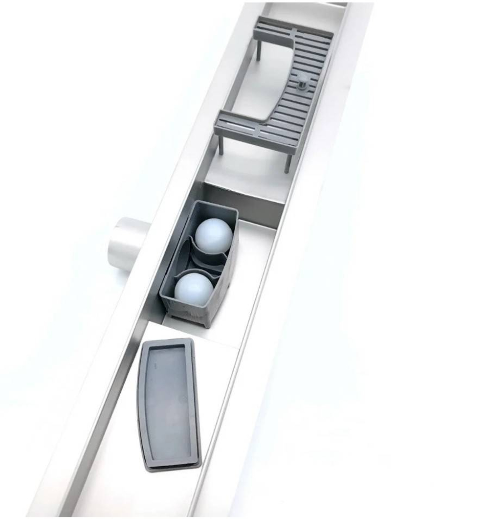 Душевой лоток из нержавеющей стали, решетка с круглой ячейкой TIM 70х850мм (сухой гидрозатвор) BAD417502