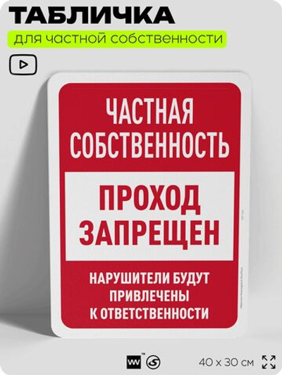 Табличка для частной территории "Частная собственность, проход запрещен", на дом, для участка, организаций, предупреждающая, 40х30 см, Silver Plane x Айдентика Технолоджи