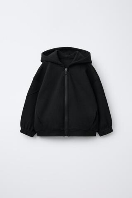 ZARA ТОЛСТОВКА INTERLOCK С КАПЮШОНОМ, МОЛНИЕЙ И ЛОГОТИПОМ, ЧЕРНЫЙ