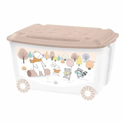 ЯЩИК ДЛЯ ИГРУШЕК НА КОЛЕСАХ С ДЕКОРОМ "ЗВЕРУШКИ НА ОПУШКЕ", 580Х390Х335 ММ, 45Л (Темно-беж